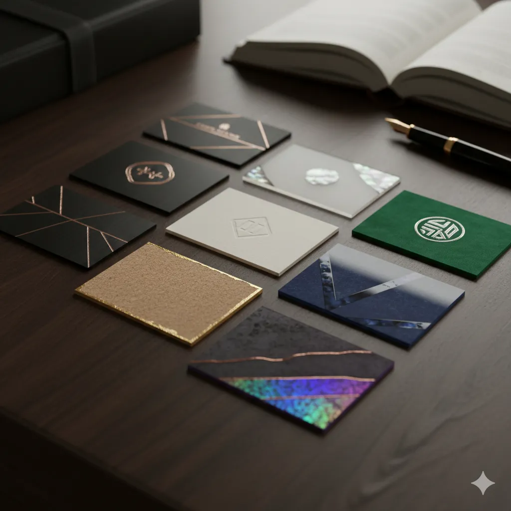 Premium business cards featuring luxury materials and special finishes